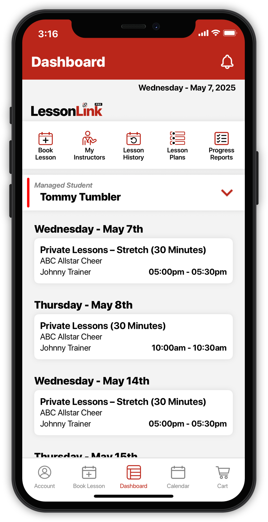 LessonLink Pro app dashboard